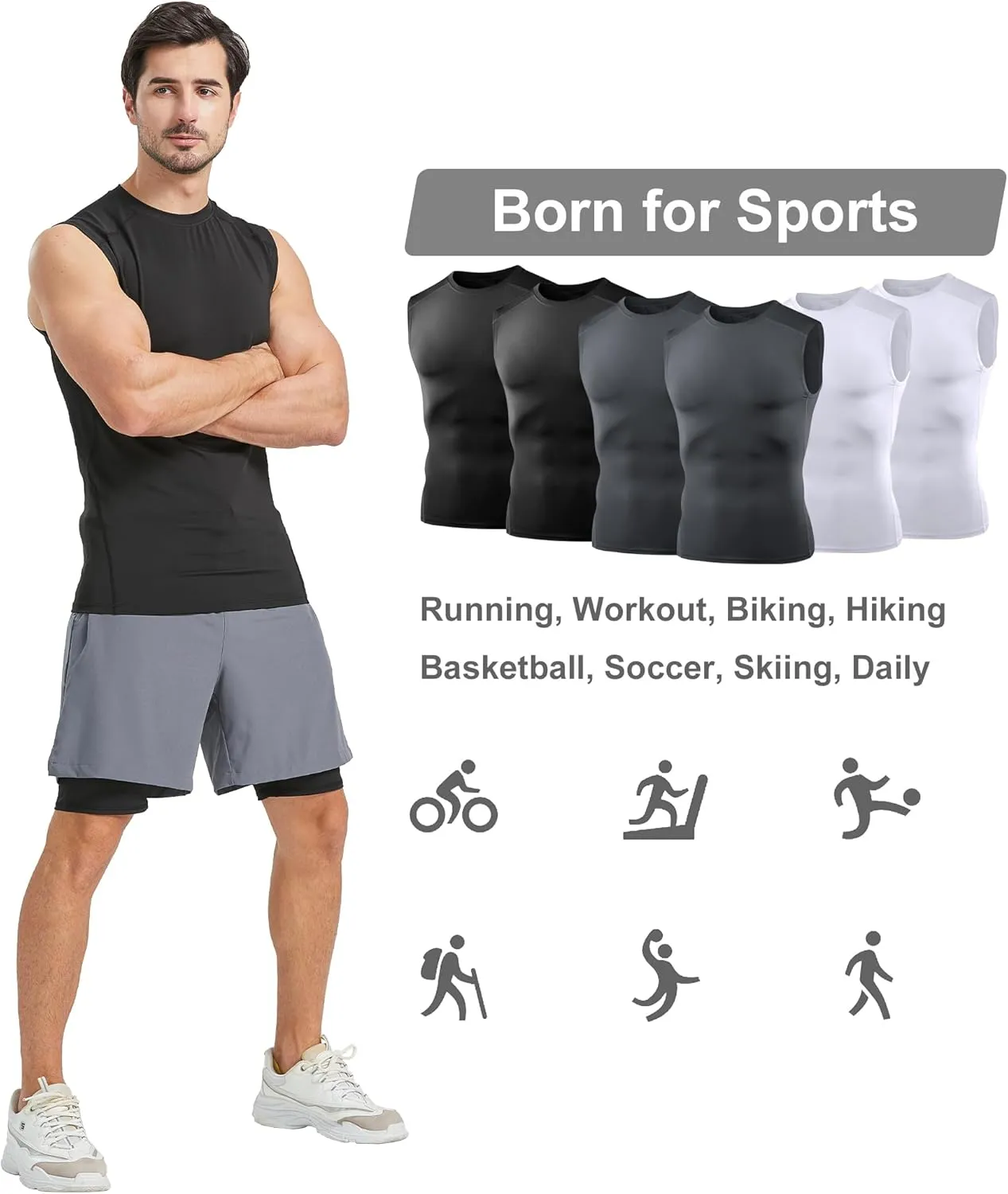6 Pack Mens Sleeveless Compression Shirts, Dry Fit Running Sports Workout Athletic Base Layer Tank Tops