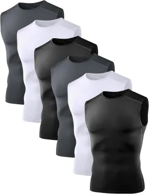 6 Pack Mens Sleeveless Compression Shirts, Dry Fit Running Sports Workout Athletic Base Layer Tank Tops