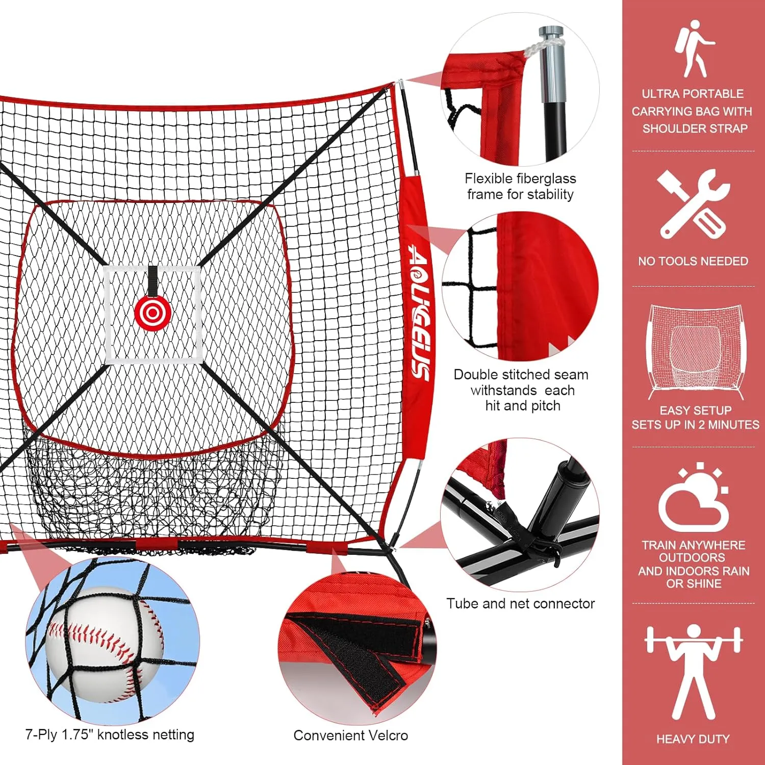 6'X6' Baseball Softball Practice Net,Pitching Net,Batting Net,with Bonus Strike Zone,Target and Bow Frame,for Hitting,Pitching,Catching