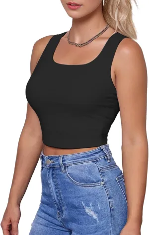 AURUZA Crop Tops for Women, Womens Double Lined Tank Tops U-Neck Basic Workout Tank Tops Woman Sleeveless Shirt Going Out Top