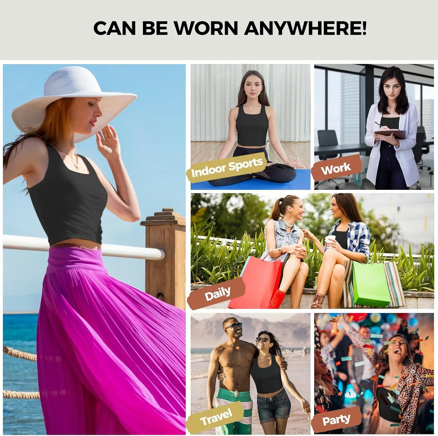 AURUZA Crop Tops for Women, Womens Double Lined Tank Tops U-Neck Basic Workout Tank Tops Woman Sleeveless Shirt Going Out Top