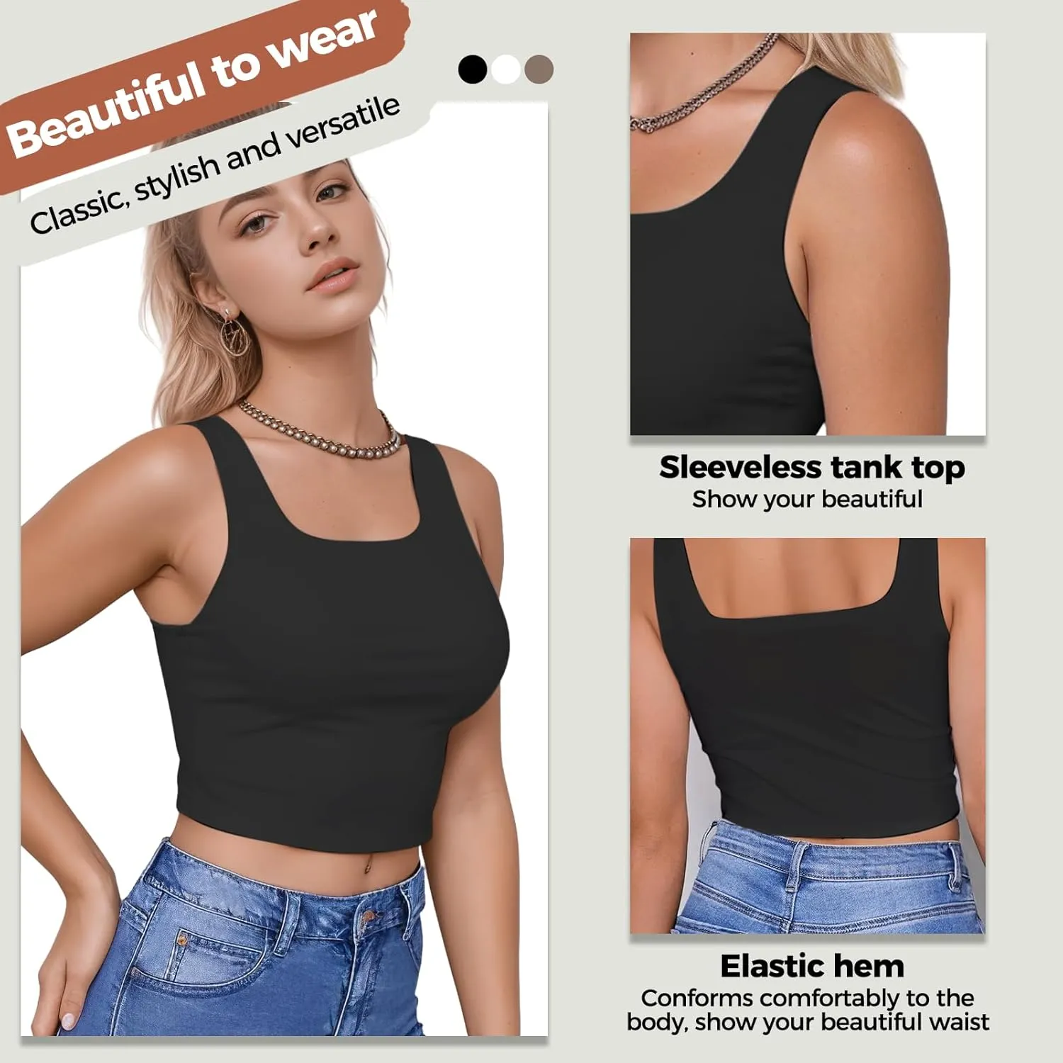 AURUZA Crop Tops for Women, Womens Double Lined Tank Tops U-Neck Basic Workout Tank Tops Woman Sleeveless Shirt Going Out Top