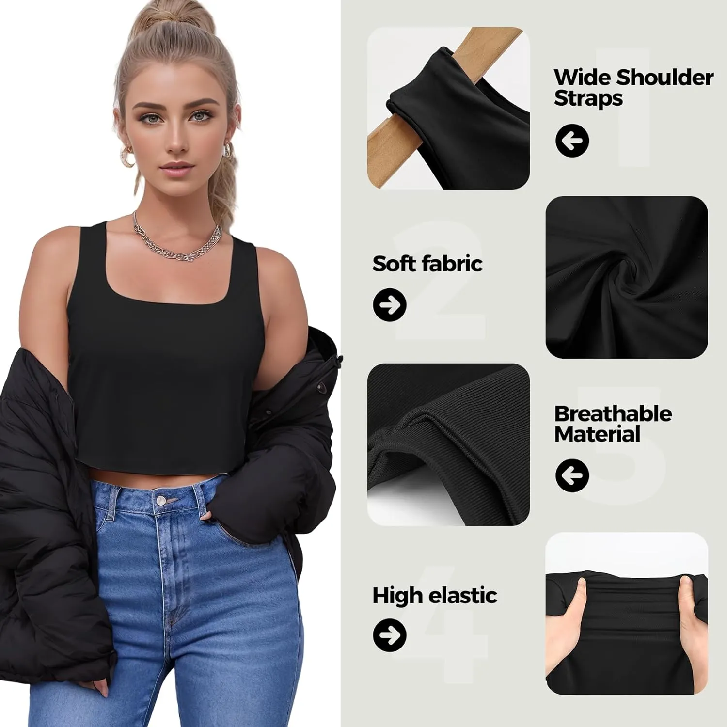 AURUZA Crop Tops for Women, Womens Double Lined Tank Tops U-Neck Basic Workout Tank Tops Woman Sleeveless Shirt Going Out Top