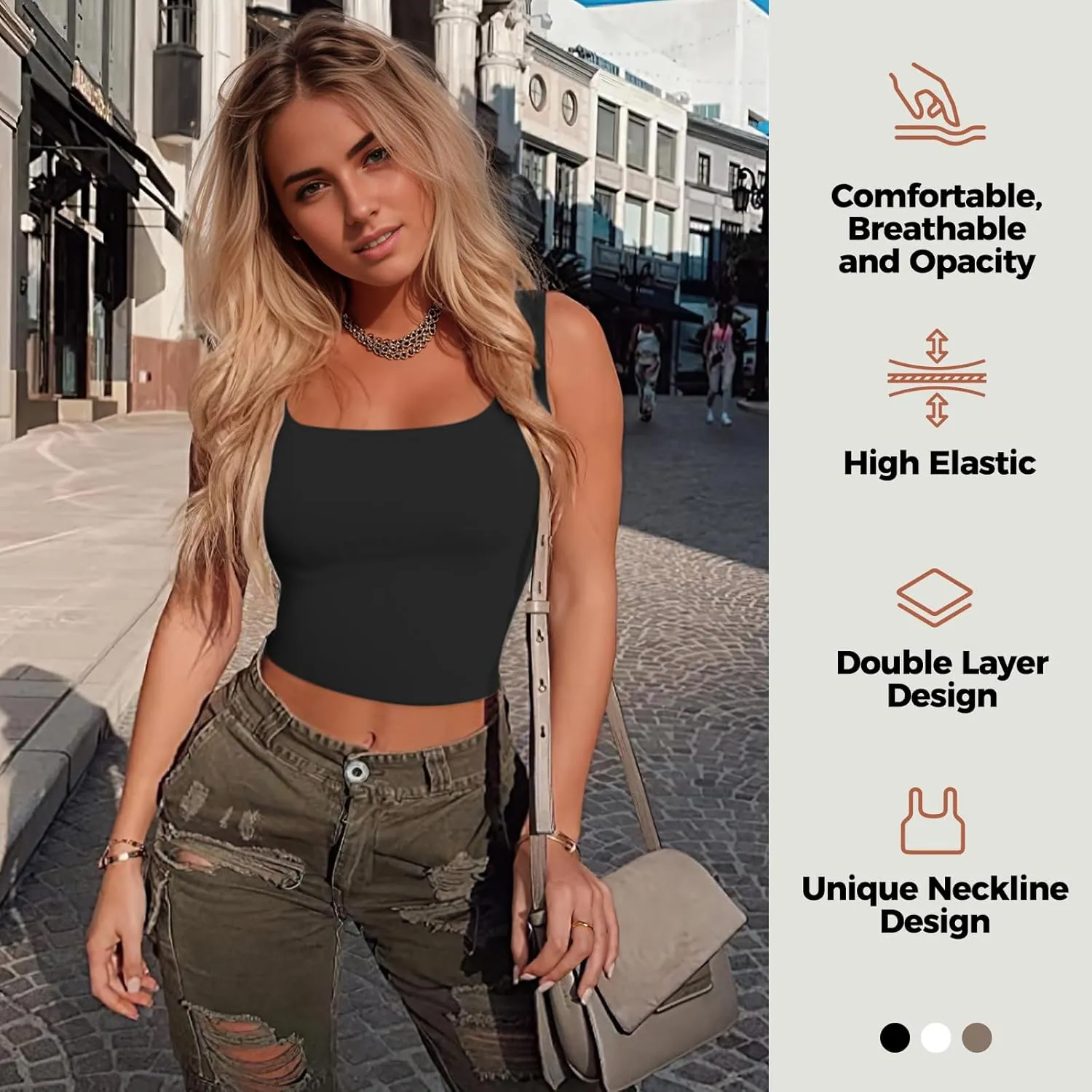 AURUZA Crop Tops for Women, Womens Double Lined Tank Tops U-Neck Basic Workout Tank Tops Woman Sleeveless Shirt Going Out Top