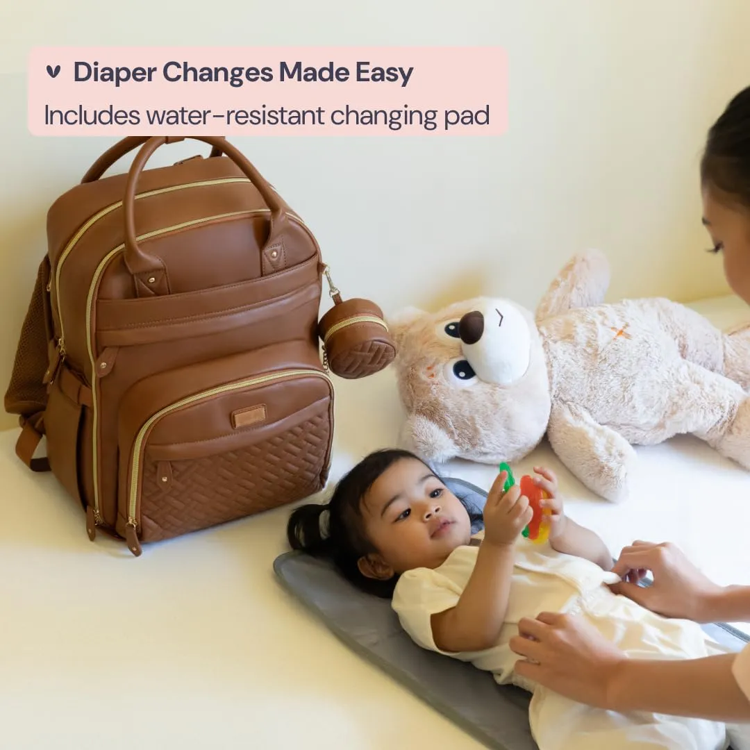BabbleRoo Leather Diaper Bag Backpack - Baby Essentials Travel Baby Bag, Multi function, with Changing Pad, Stroller Straps & Pacifier Case  Unisex, Black