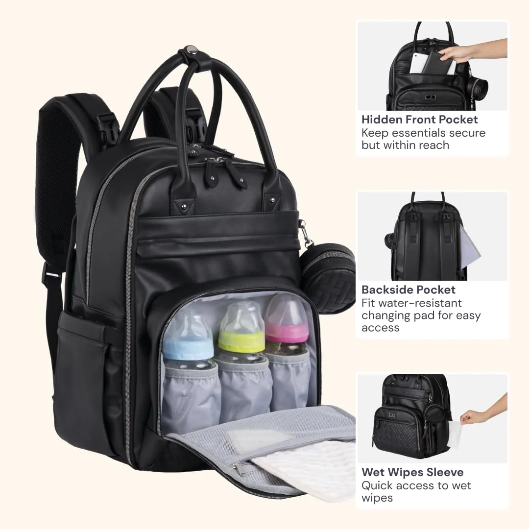 BabbleRoo Leather Diaper Bag Backpack - Baby Essentials Travel Baby Bag, Multi function, with Changing Pad, Stroller Straps & Pacifier Case  Unisex, Black