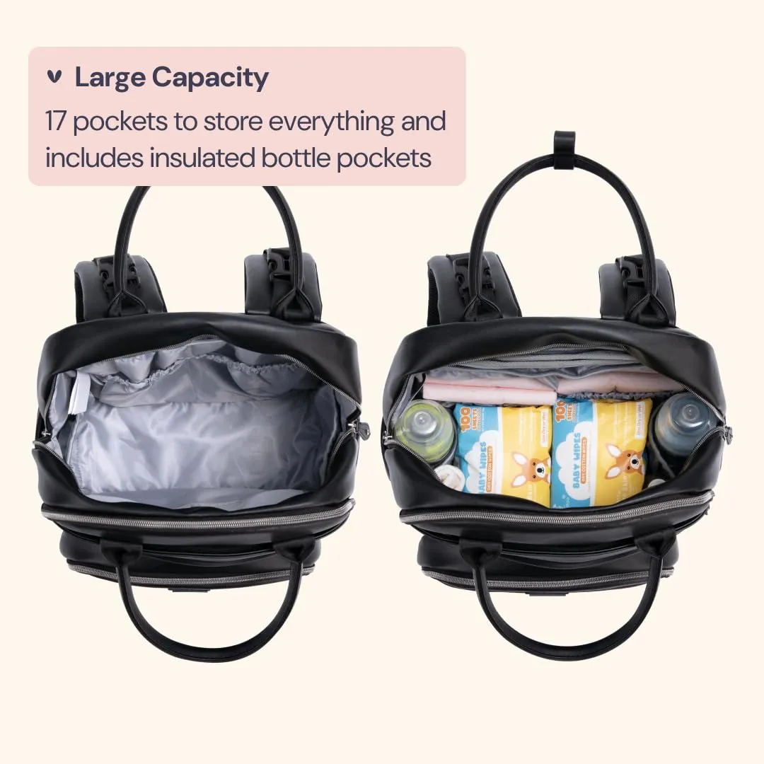 BabbleRoo Leather Diaper Bag Backpack - Baby Essentials Travel Baby Bag, Multi function, with Changing Pad, Stroller Straps & Pacifier Case  Unisex, Black
