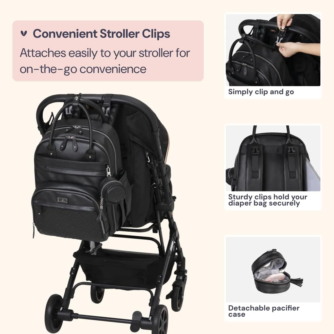 BabbleRoo Leather Diaper Bag Backpack - Baby Essentials Travel Baby Bag, Multi function, with Changing Pad, Stroller Straps & Pacifier Case  Unisex, Black