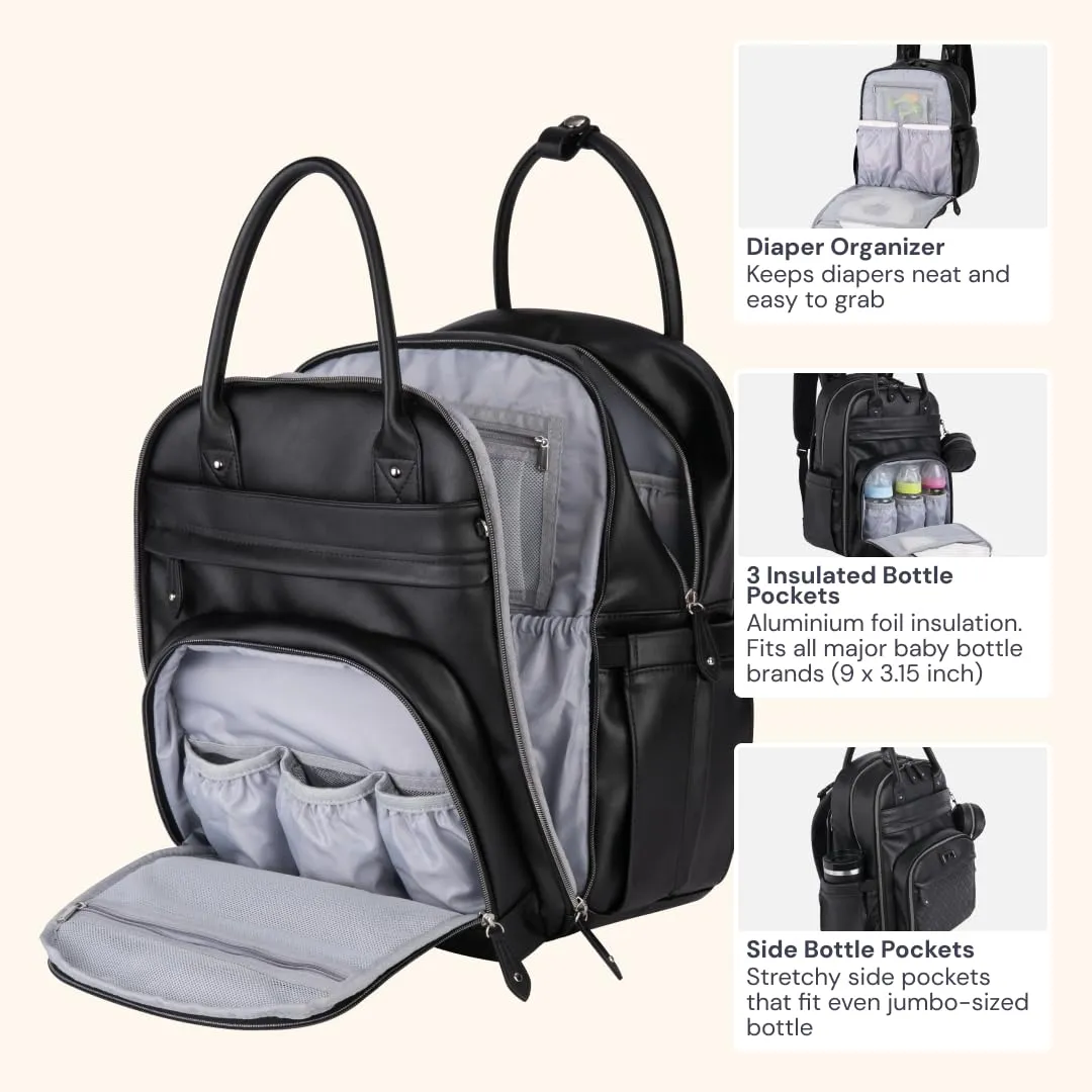 BabbleRoo Leather Diaper Bag Backpack - Baby Essentials Travel Baby Bag, Multi function, with Changing Pad, Stroller Straps & Pacifier Case  Unisex, Black