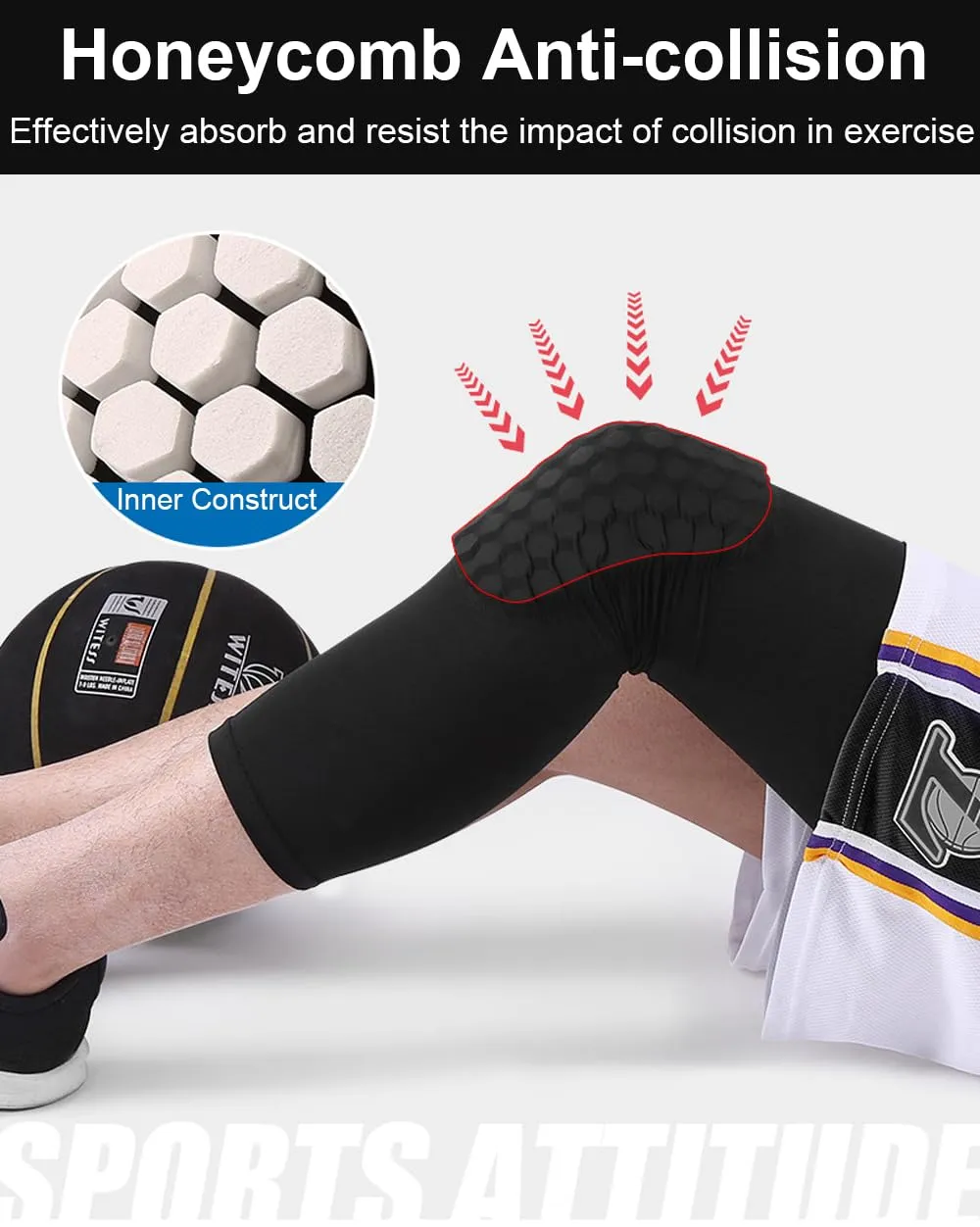 Basketball Knee Pads Knee Sleeves, 2 Pack Honeycomb Anti Collision Leg Compression Sleeves, Compression Knee Pads for Wrestling Football Volleyball Baseball (Medium, White)