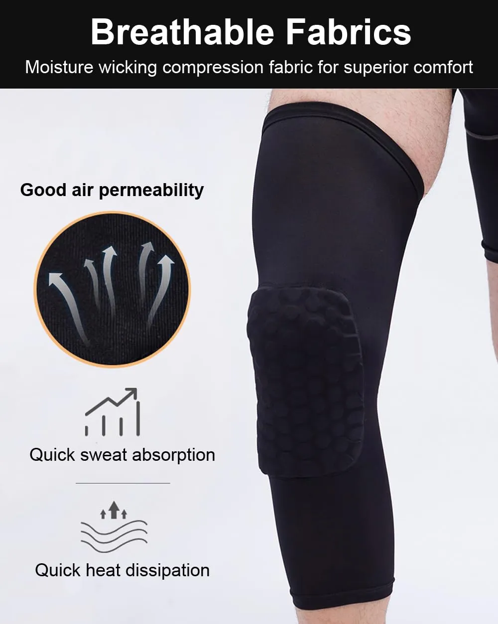 Basketball Knee Pads Knee Sleeves, 2 Pack Honeycomb Anti Collision Leg Compression Sleeves, Compression Knee Pads for Wrestling Football Volleyball Baseball (Medium, White)