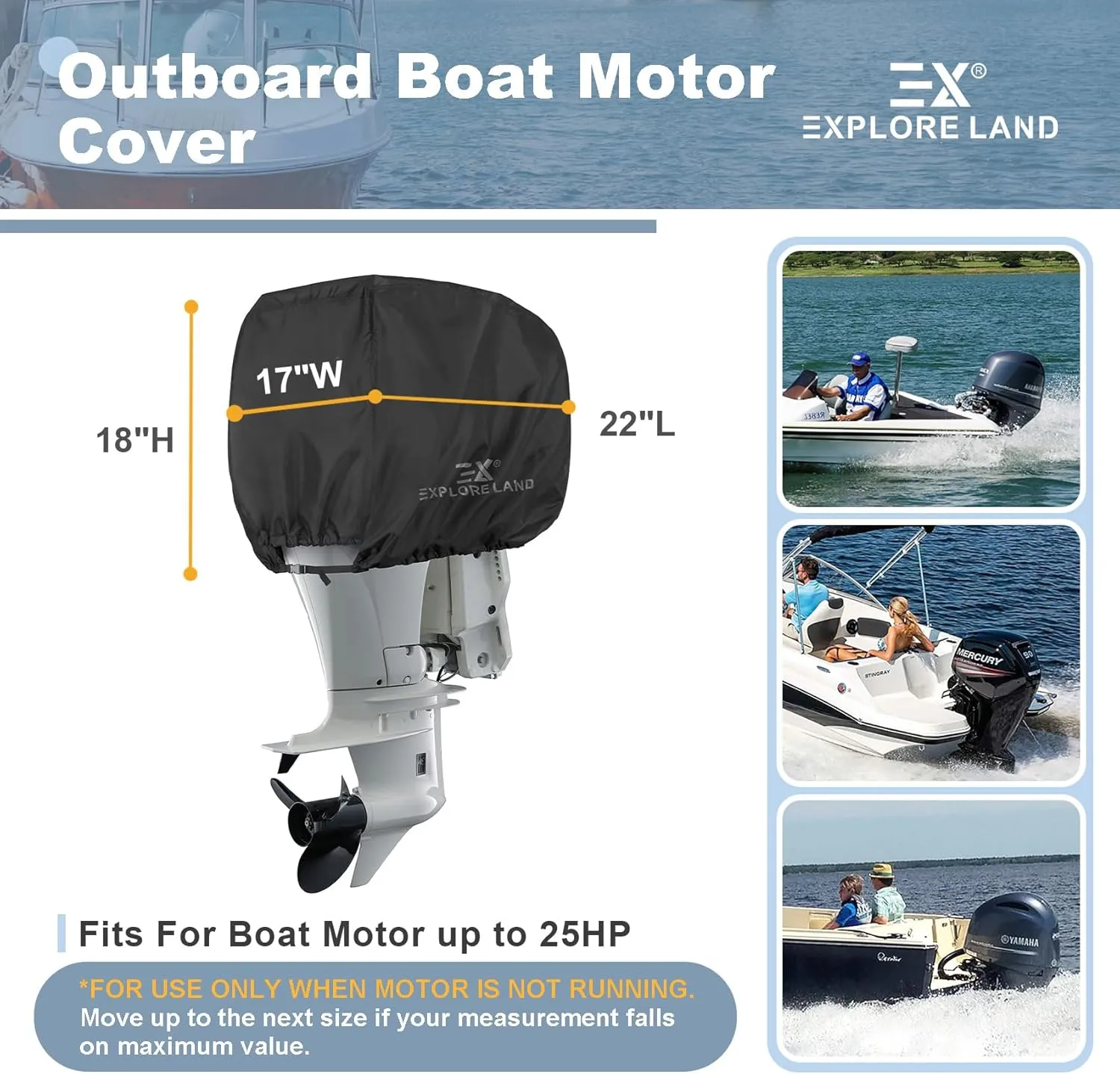 Explore Land Outboard Motor Cover - Waterproof 600D Heavy Duty Boat Engine Hood Covers - Fit for Motor up to 25 HP, Black