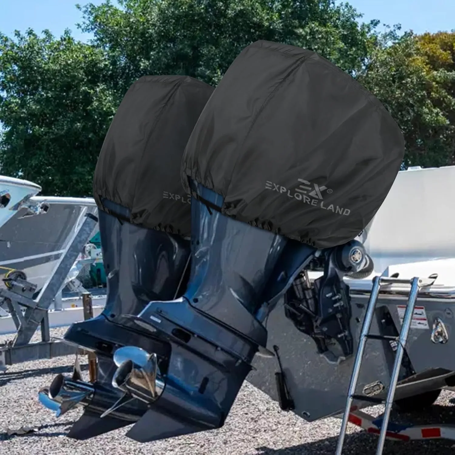 Explore Land Outboard Motor Cover - Waterproof 600D Heavy Duty Boat Engine Hood Covers - Fit for Motor up to 25 HP, Black