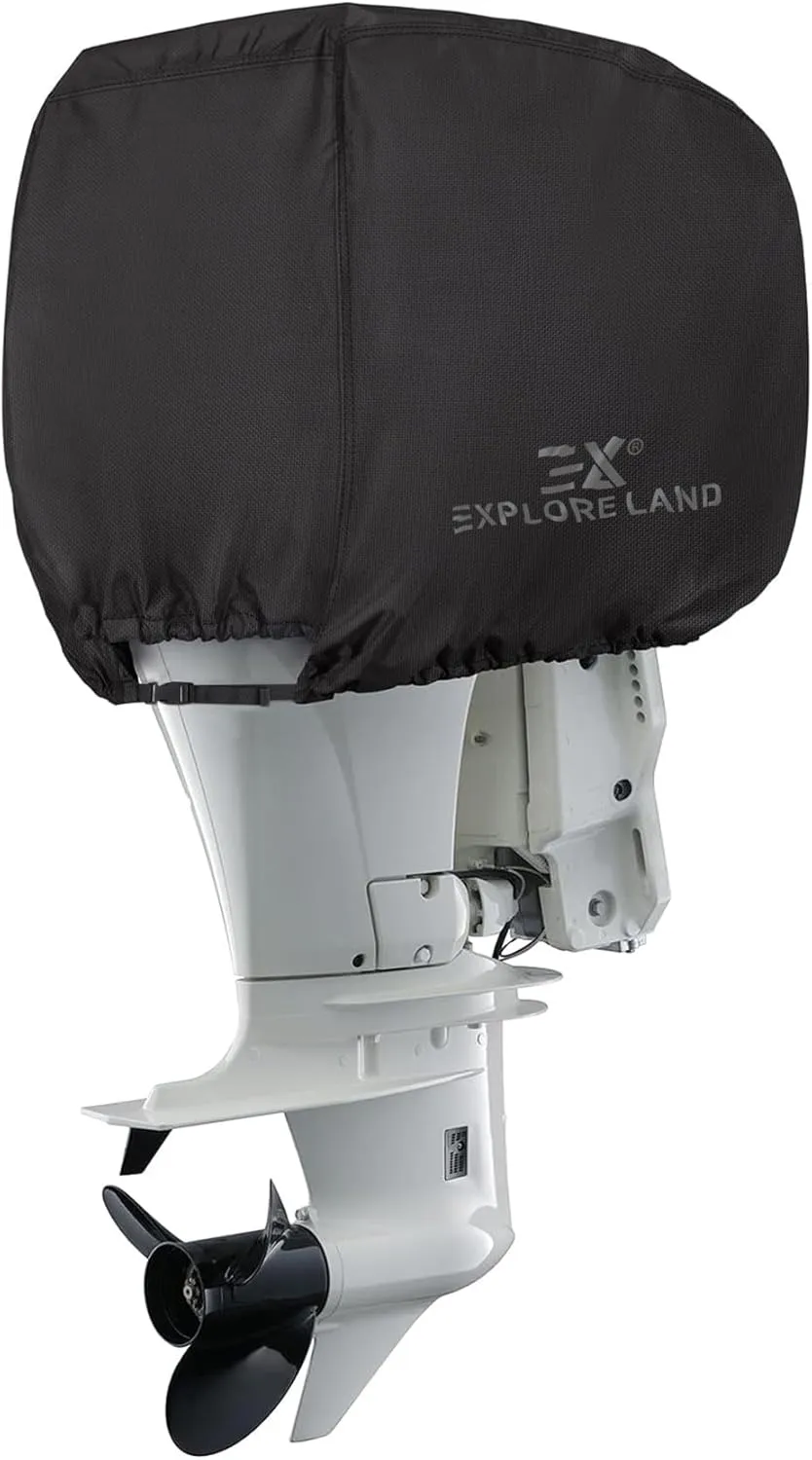 Explore Land Outboard Motor Cover - Waterproof 600D Heavy Duty Boat Engine Hood Covers - Fit for Motor up to 25 HP, Black