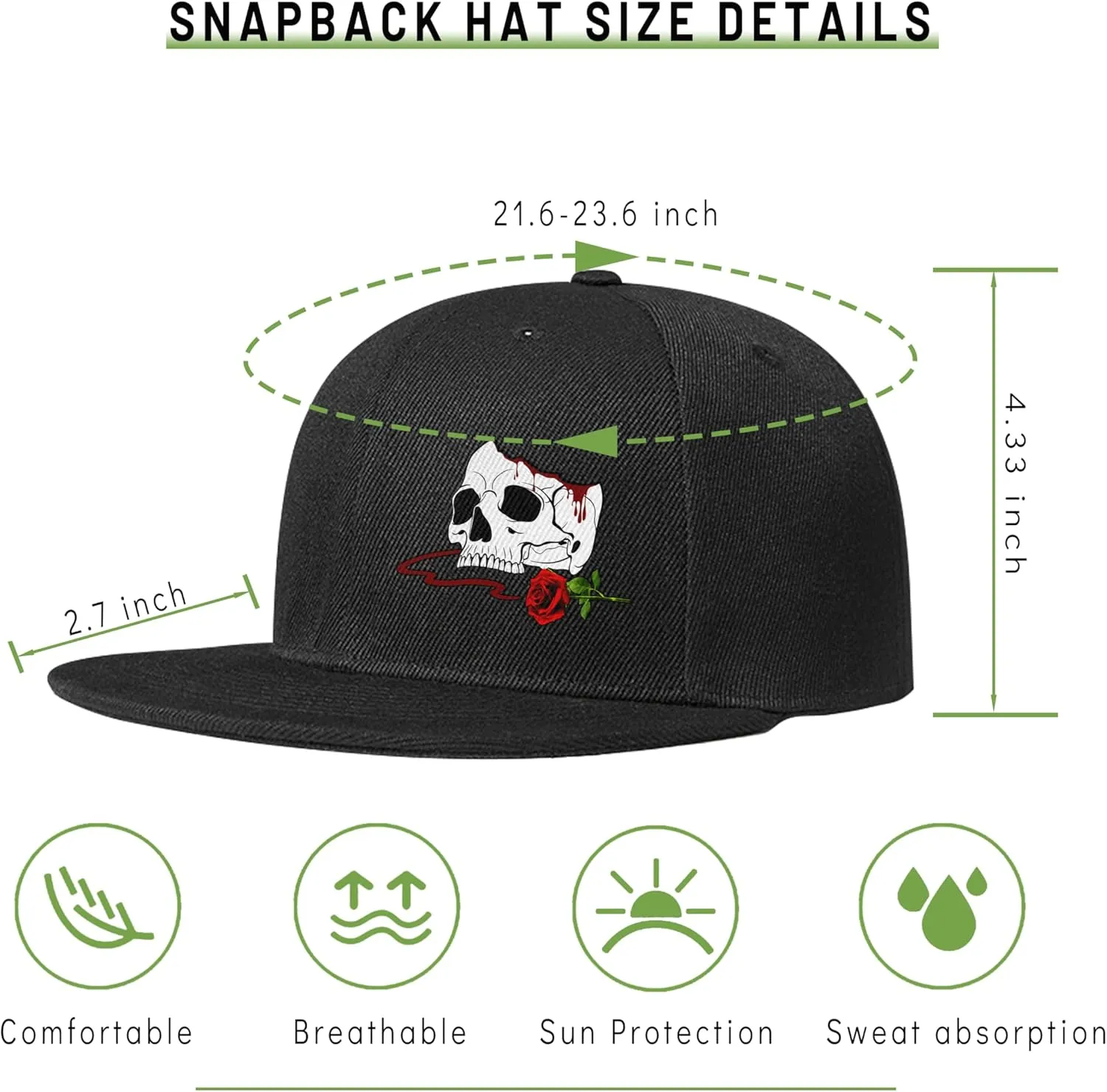 Flat Bill Hats for Men Snapback Skull Hats Black Hat for Teen Boys Skateboard Hats Baseball Cap
