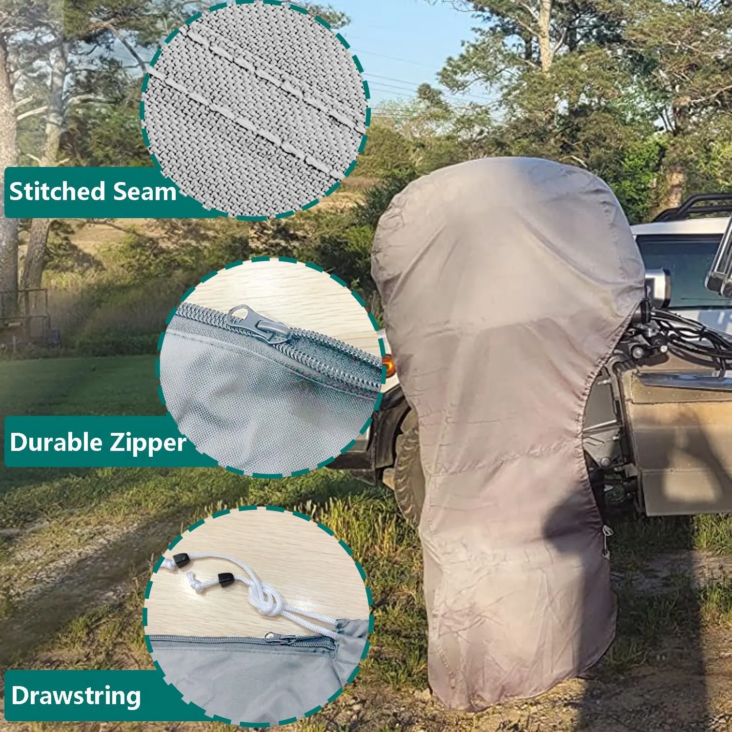 FLYMEI Outboard Motor Cover Fit 150-225 HP Motor, Full Boat Motor Cover Waterproof 600D Heavy Duty Oxford Fabric with PVC Coating, Windproof Outboard Engine Hood Covers with Zipper, Universal, Grey