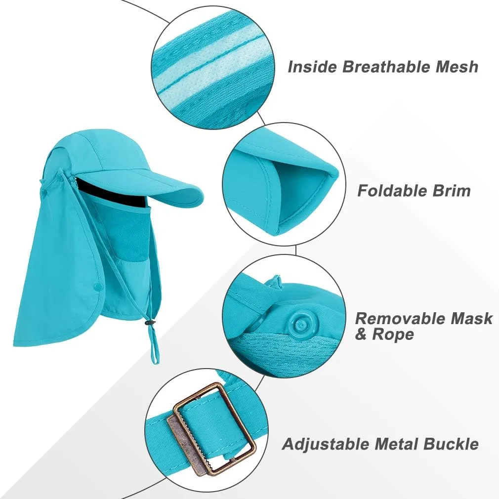 Foldable Sun Cap, Fishing Hats, UPF 50  Protection Caps with Face Mask Neck Flap