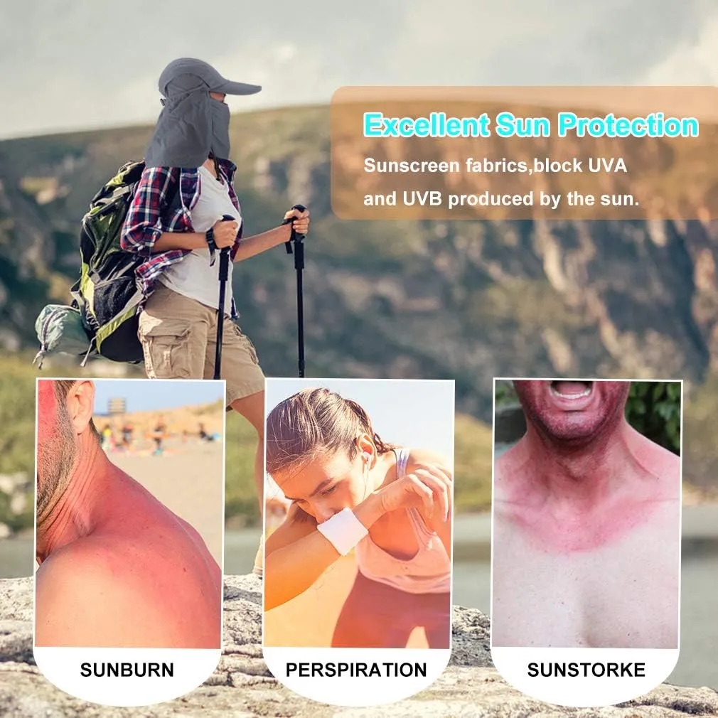 Foldable Sun Cap, Fishing Hats, UPF 50  Protection Caps with Face Mask Neck Flap