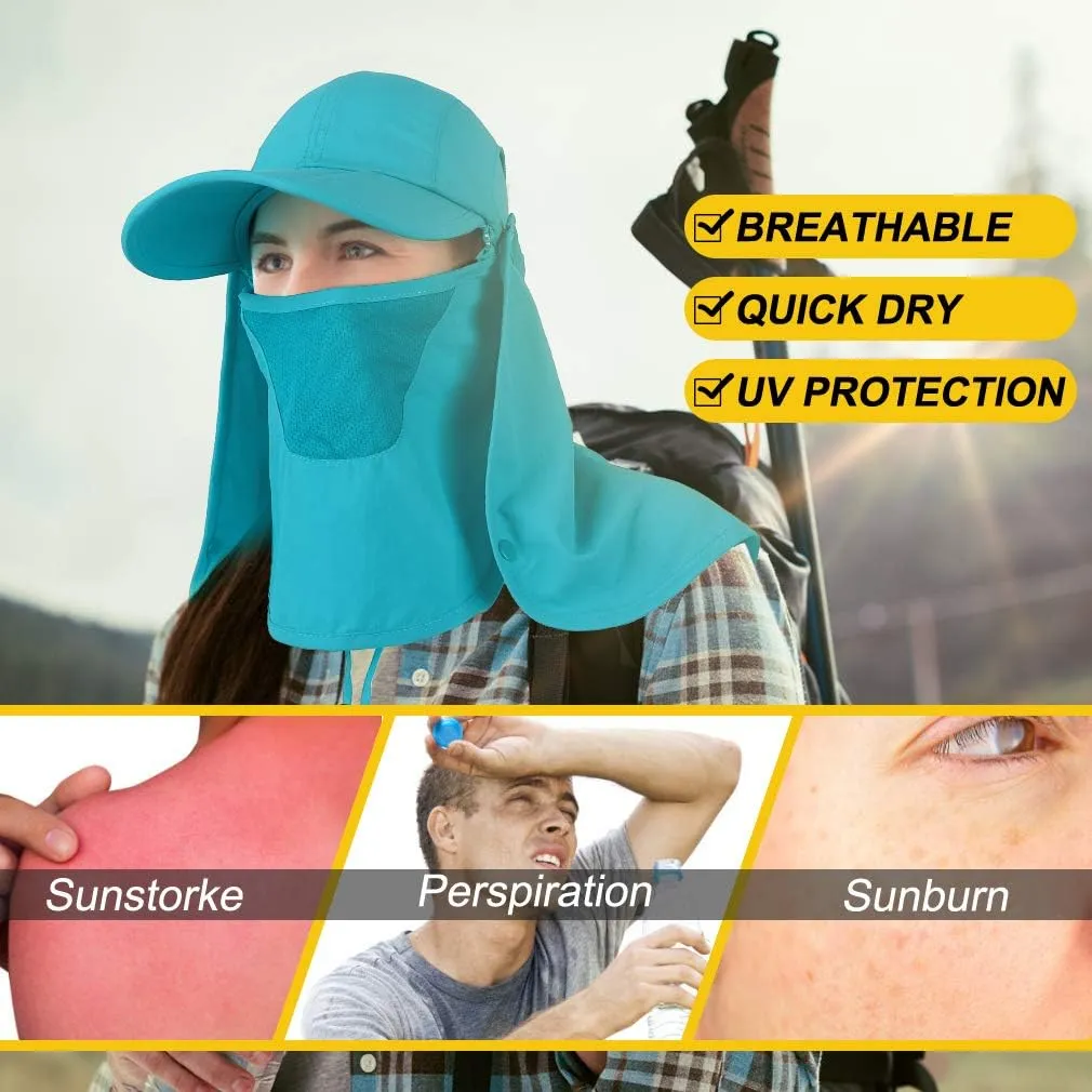 Foldable Sun Cap, Fishing Hats, UPF 50  Protection Caps with Face Mask Neck Flap