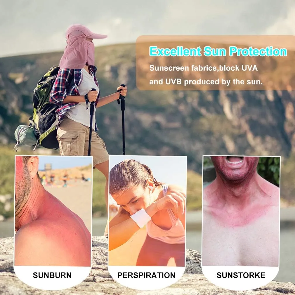 Foldable Sun Cap, Fishing Hats, UPF 50  Protection Caps with Face Mask Neck Flap