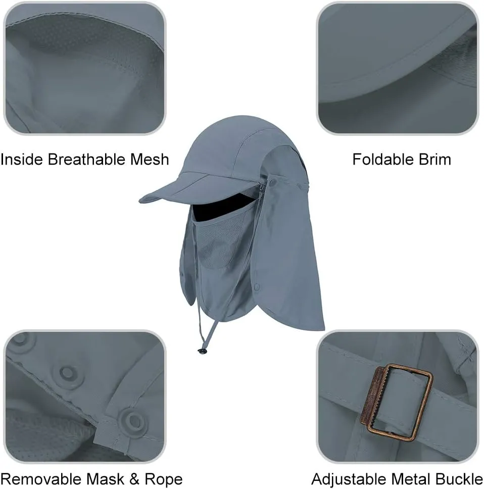 Foldable Sun Cap, Fishing Hats, UPF 50  Protection Caps with Face Mask Neck Flap