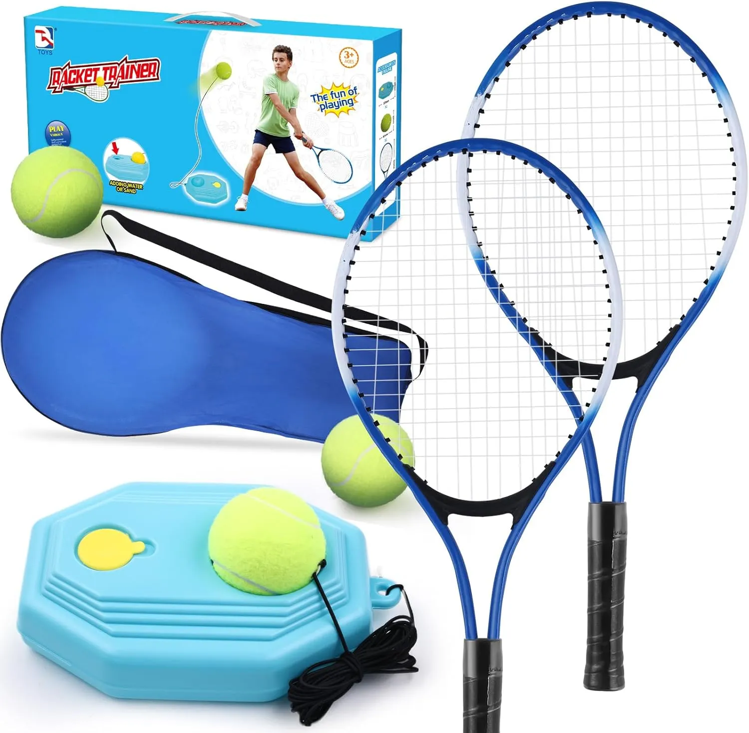 Kids Tennis Rackets Training Set - 7-in-1 Youth Tennis Racket Set, 2 pcs 19 Rackets,1Tennis Trainer & 2Rebound Balls&1tennis Ball,Tennis Racquet Set for Beginners & Family Activities