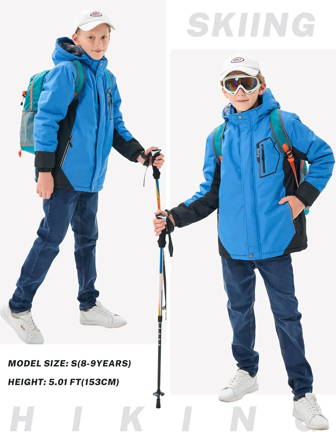 MoFiz Boys Waterproof Skiing Jacket Kids Hooded Fleece Winter Snowboard Jackets Windproof Warm Outerwear with Zip Pockets