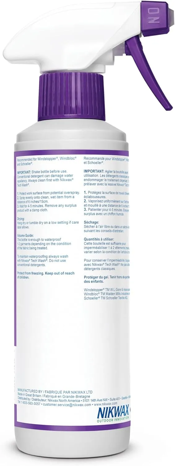 Nikwax Softshell Proof Spray-On High Performance Waterproofing Renewal Treatment Restores DWR Water Repellency in Jackets, Pants, Vests, Outerwear, Ski and Snow Gear