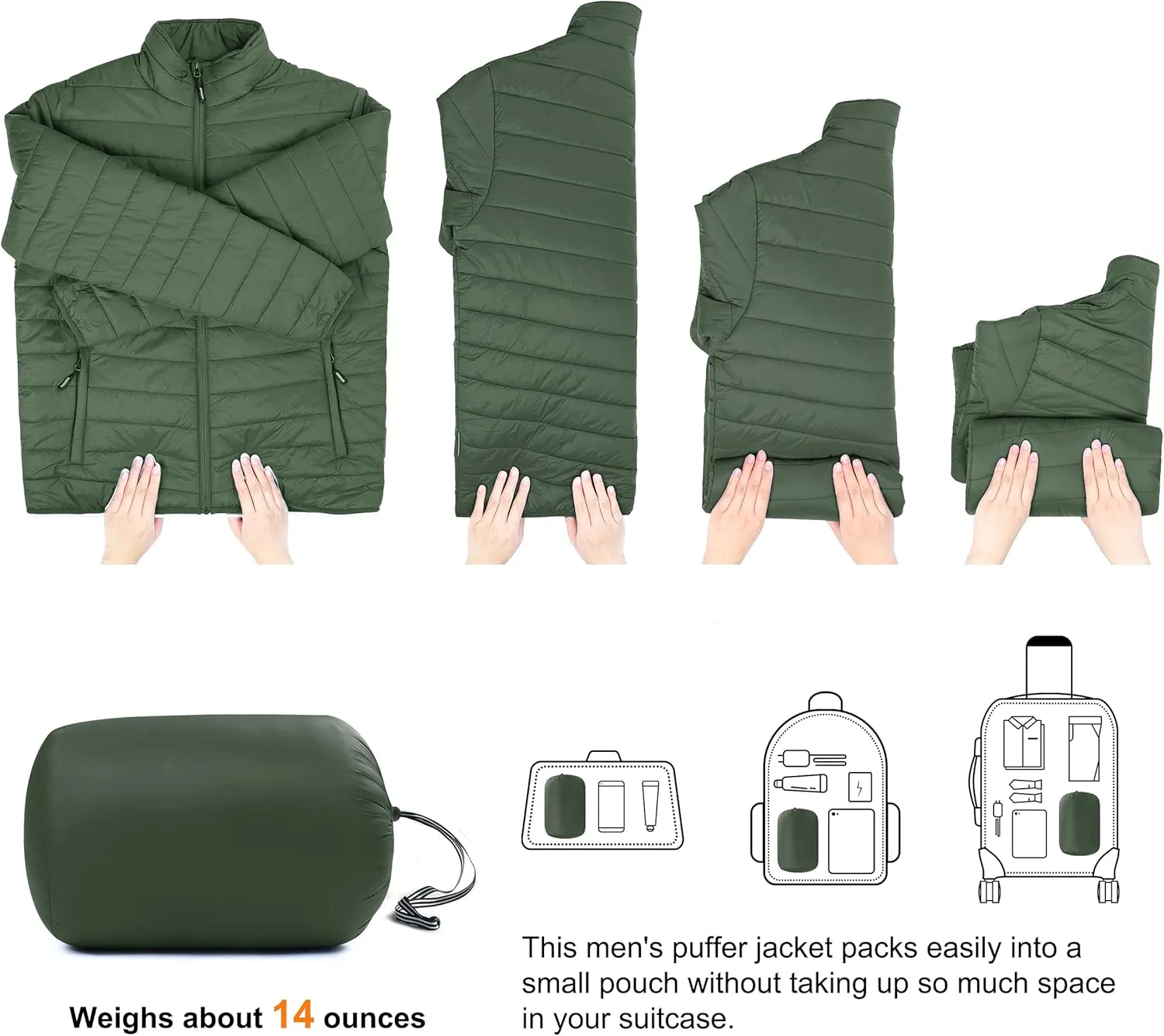 Outdoor Ventures Men's Lightweight Packable Puffer Winter Jacket Insulated Puffy Coat for Snow Ski Hiking Travel