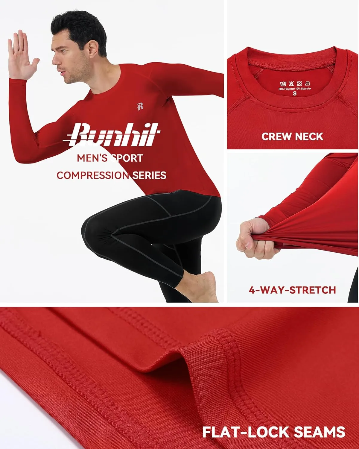 Runhit Long Sleeve Compression Shirts for Men, UPF 50  Men's Compression Shirts, Running Athletic Workout Base Layer