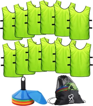 Soccer Cones (Set of 50) and Sports Jerseys Pinnies (12-Pack) - Perfect Disc Cones for Basketball Drills, Complete Soccer Training Equipment