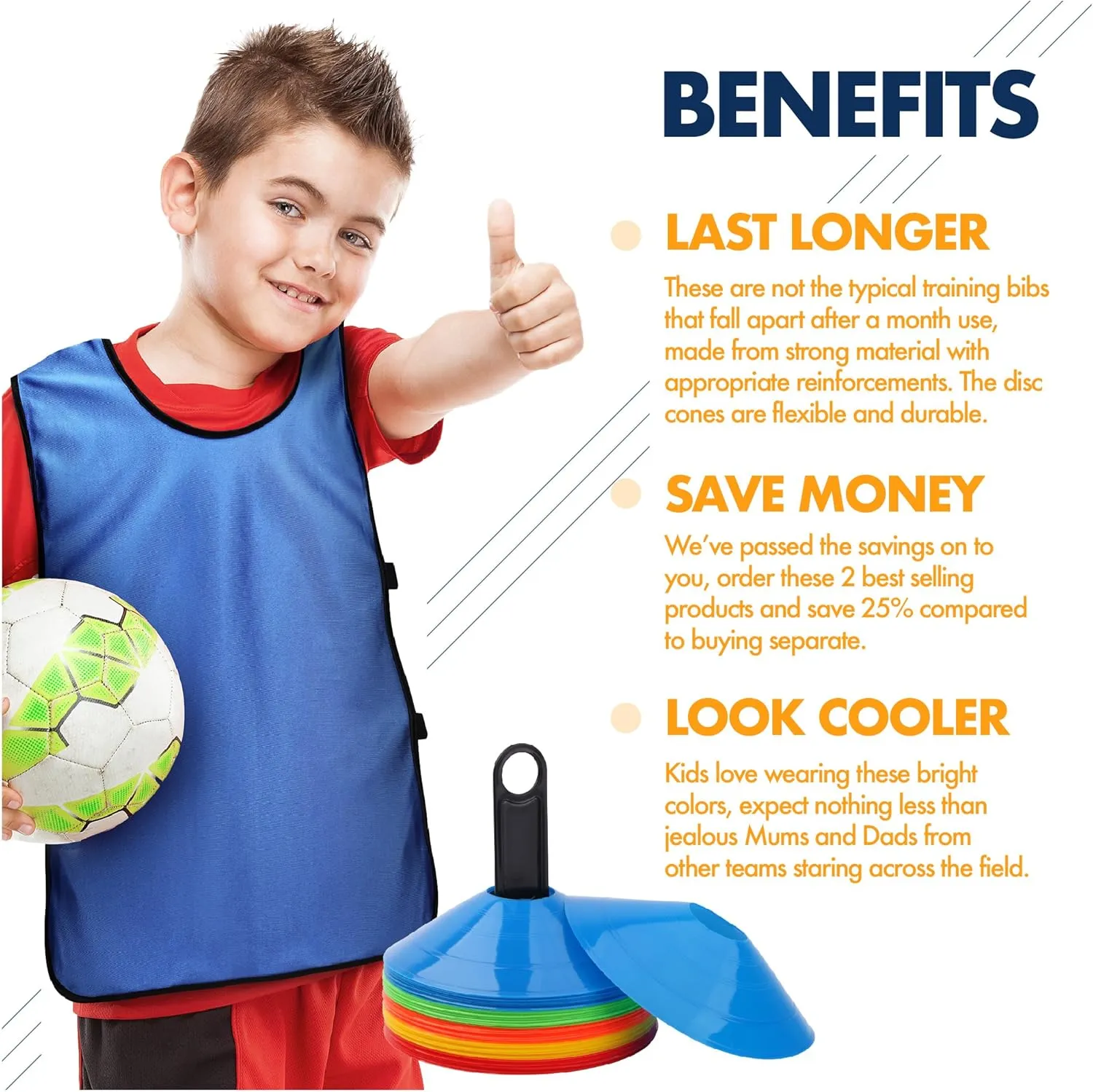 Soccer Cones (Set of 50) and Sports Jerseys Pinnies (12-Pack) - Perfect Disc Cones for Basketball Drills, Complete Soccer Training Equipment
