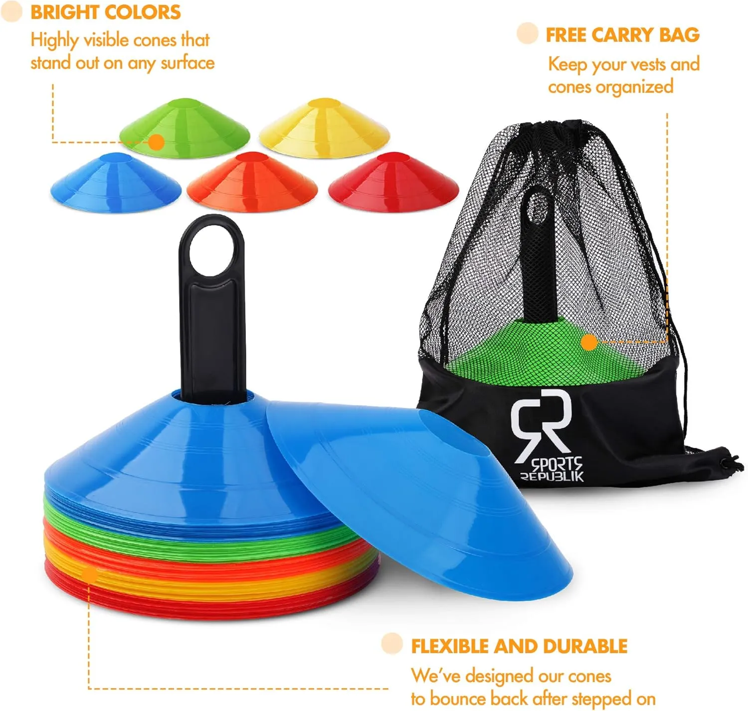 Soccer Cones (Set of 50) and Sports Jerseys Pinnies (12-Pack) - Perfect Disc Cones for Basketball Drills, Complete Soccer Training Equipment