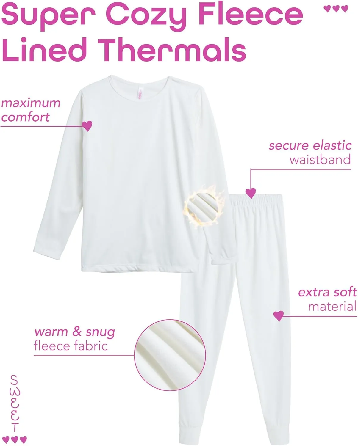 Sweet Hearts Girls' Thermal Underwear Set - 2 Piece Fleece Lined Top and Leggings Long Johns Base Layer for Kids: Made in USA