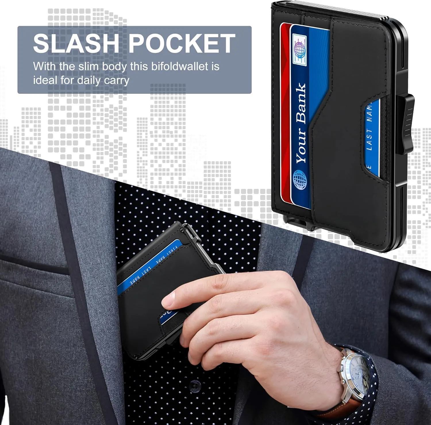 Wallet for Men - Pop Up Case, Cash Slot, and Credit Card Wallet - Slim Minimalist Aluminum Front Pocket Wallet with RFID Blocking/ID Window (Black)