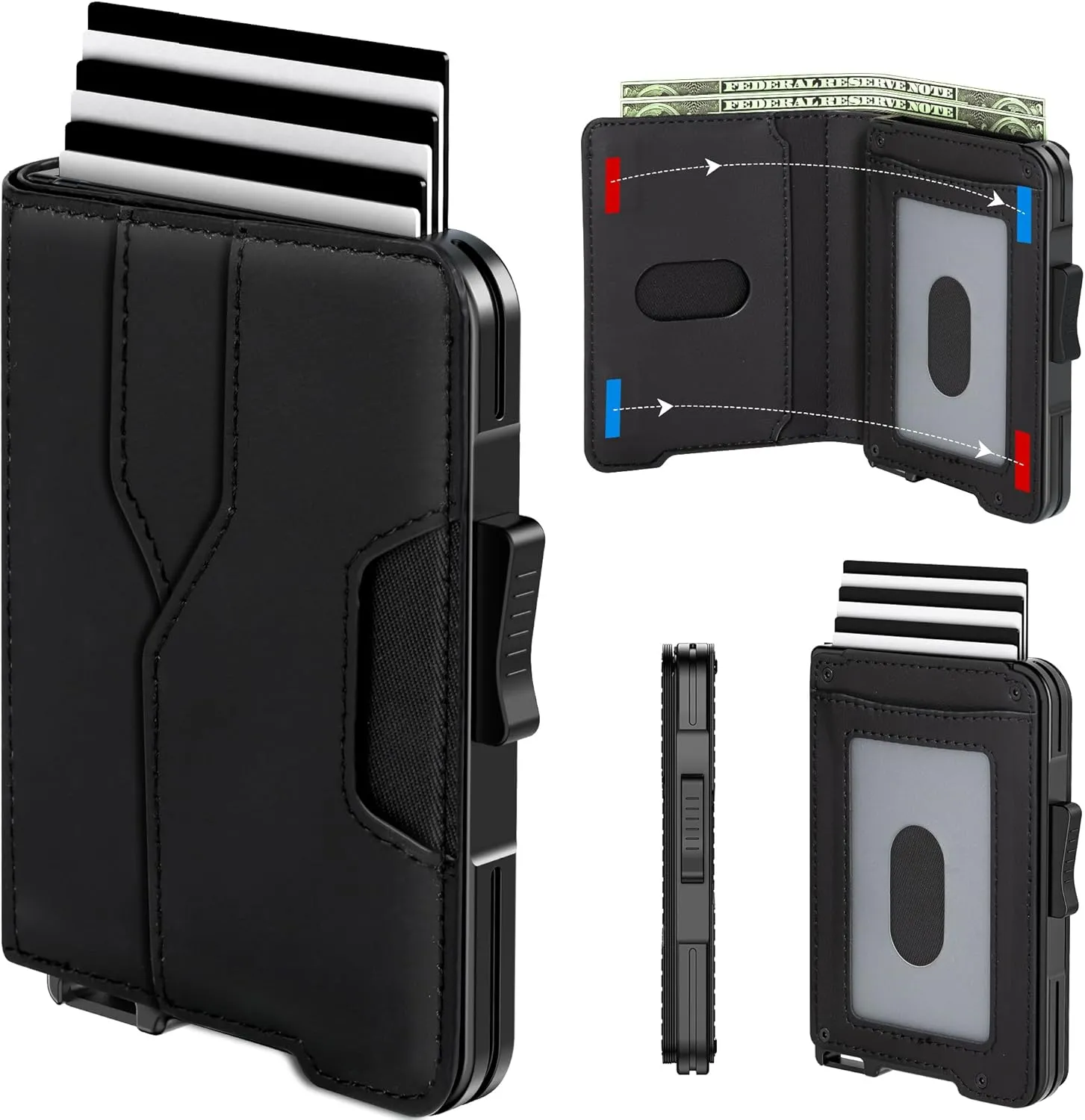 Wallet for Men - Pop Up Case, Cash Slot, and Credit Card Wallet - Slim Minimalist Aluminum Front Pocket Wallet with RFID Blocking/ID Window (Black)