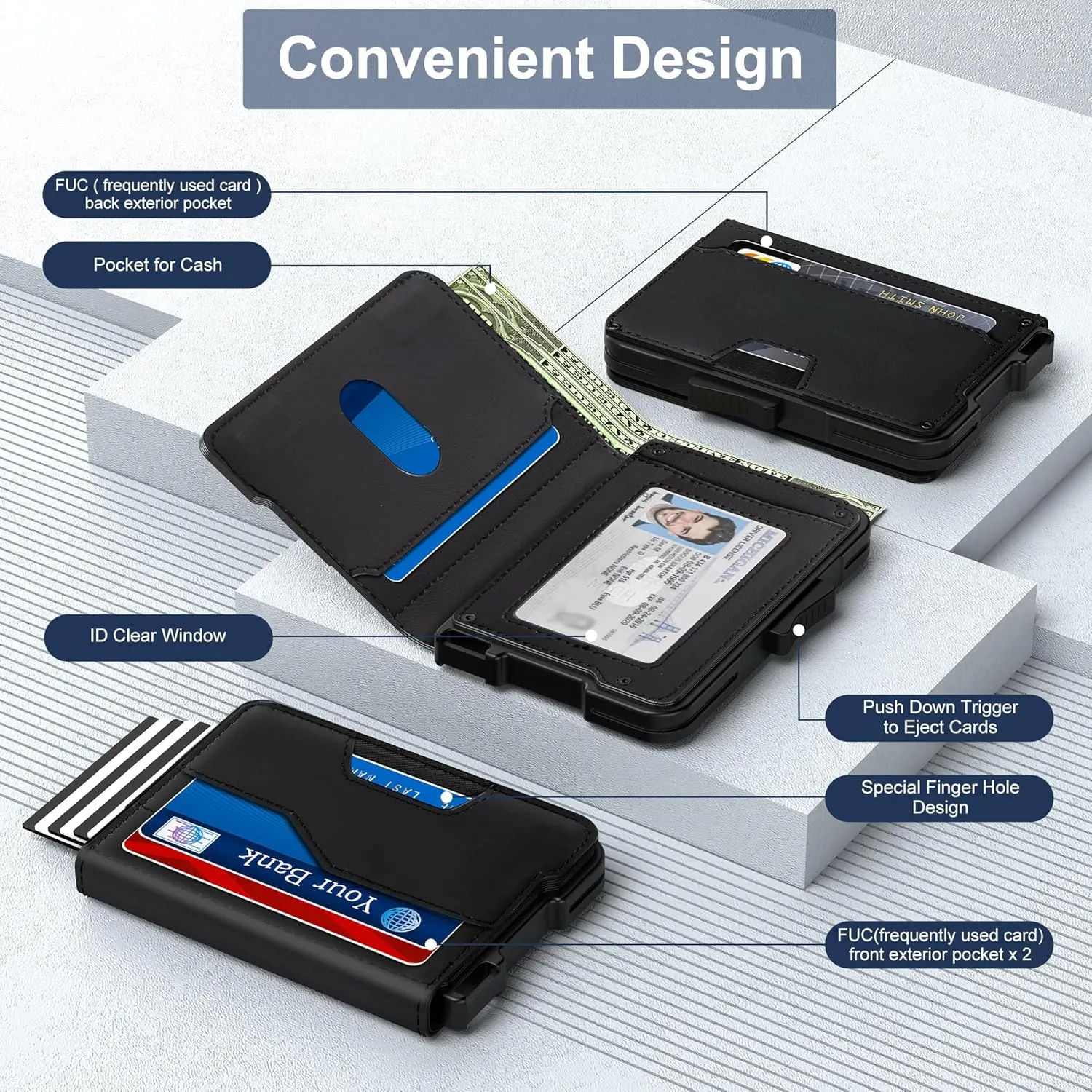 Wallet for Men - Pop Up Case, Cash Slot, and Credit Card Wallet - Slim Minimalist Aluminum Front Pocket Wallet with RFID Blocking/ID Window (Black)