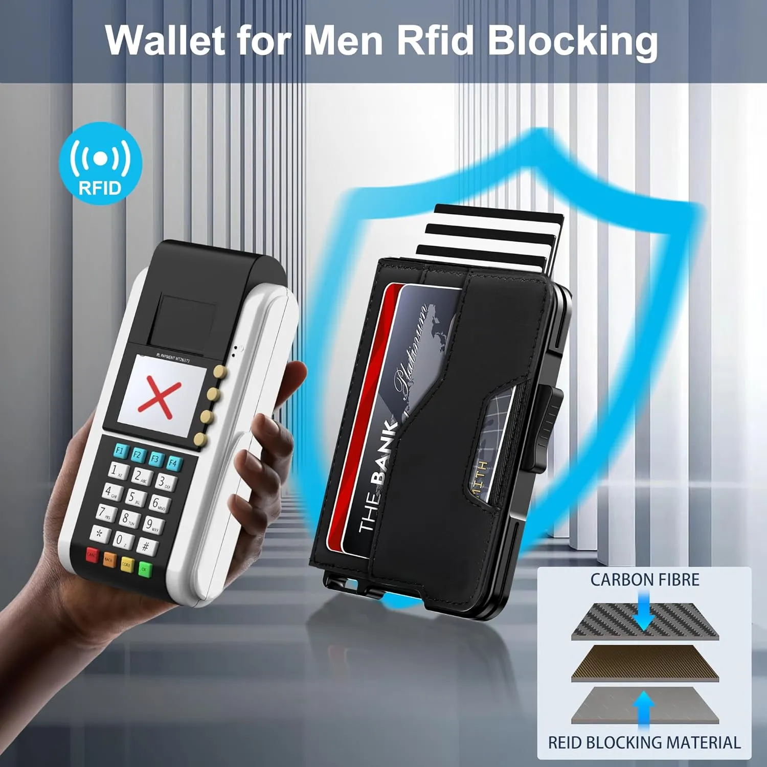 Wallet for Men - Pop Up Case, Cash Slot, and Credit Card Wallet - Slim Minimalist Aluminum Front Pocket Wallet with RFID Blocking/ID Window (Black)