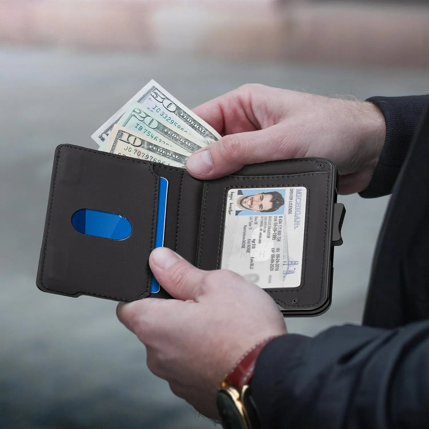 Wallet for Men - Pop Up Case, Cash Slot, and Credit Card Wallet - Slim Minimalist Aluminum Front Pocket Wallet with RFID Blocking/ID Window (Black)