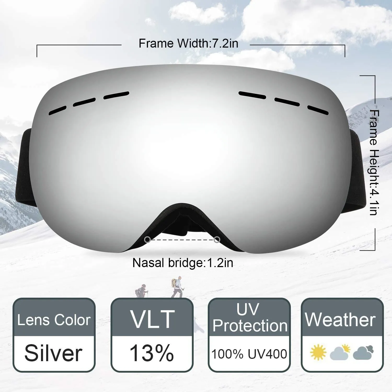 WELLVO Ski Goggles OTG Snowboard Goggles Anti-Fog Dual Lens 100% UV Protection TPU Frame Snow Goggles for Men Women Helmet Compatible