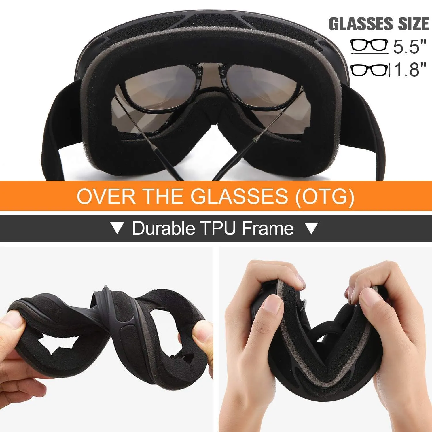 WELLVO Ski Goggles OTG Snowboard Goggles Anti-Fog Dual Lens 100% UV Protection TPU Frame Snow Goggles for Men Women Helmet Compatible