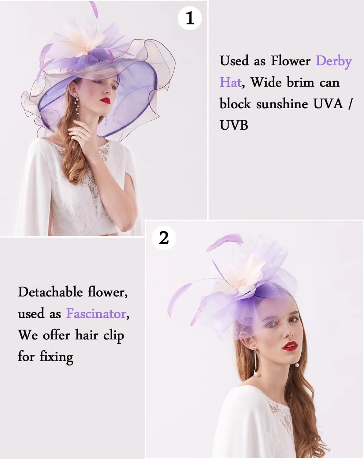 Z&X Women Organza Church Derby Hat Wide Brim Sun Hats for Wedding Tea Party Fascinator Hat, Dual-use
