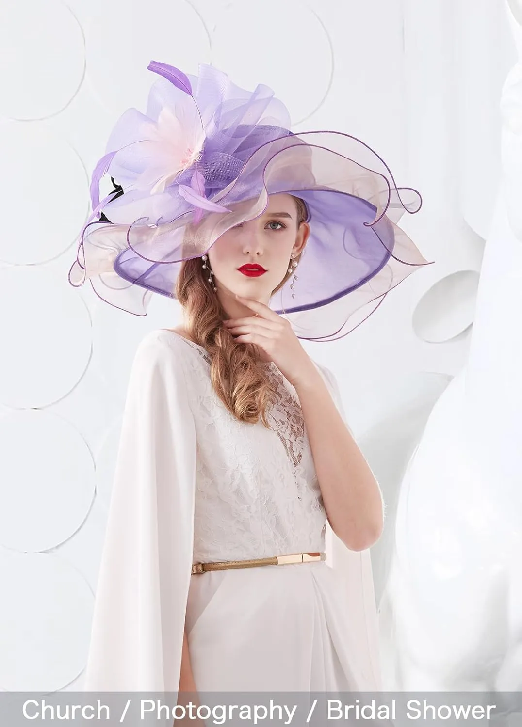 Z&X Women Organza Church Derby Hat Wide Brim Sun Hats for Wedding Tea Party Fascinator Hat, Dual-use