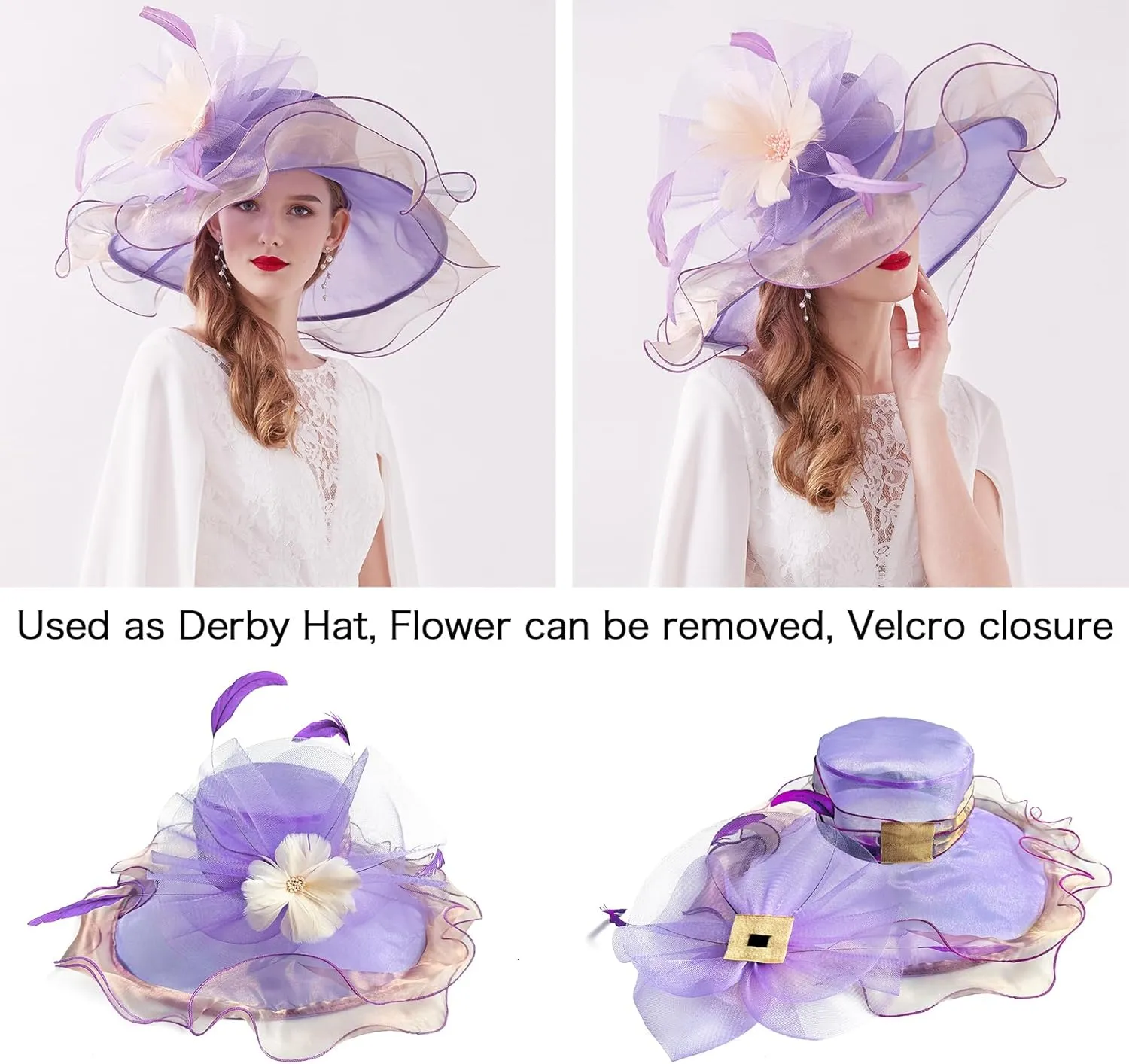 Z&X Women Organza Church Derby Hat Wide Brim Sun Hats for Wedding Tea Party Fascinator Hat, Dual-use