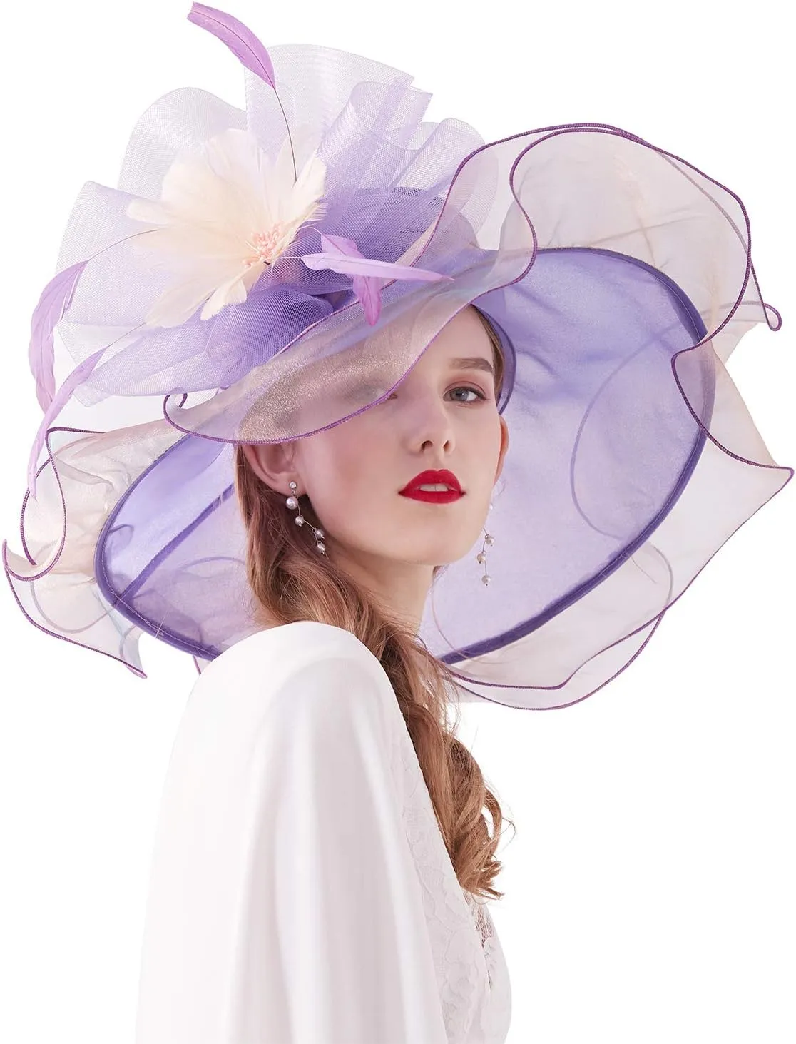 Z&X Women Organza Church Derby Hat Wide Brim Sun Hats for Wedding Tea Party Fascinator Hat, Dual-use