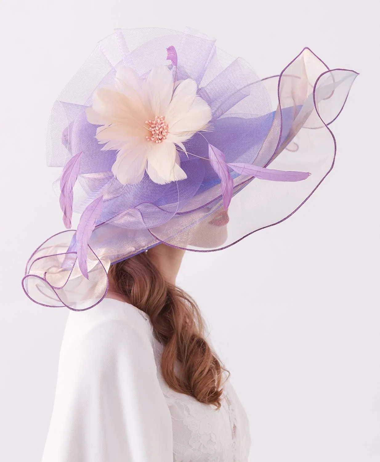 Z&X Women Organza Church Derby Hat Wide Brim Sun Hats for Wedding Tea Party Fascinator Hat, Dual-use